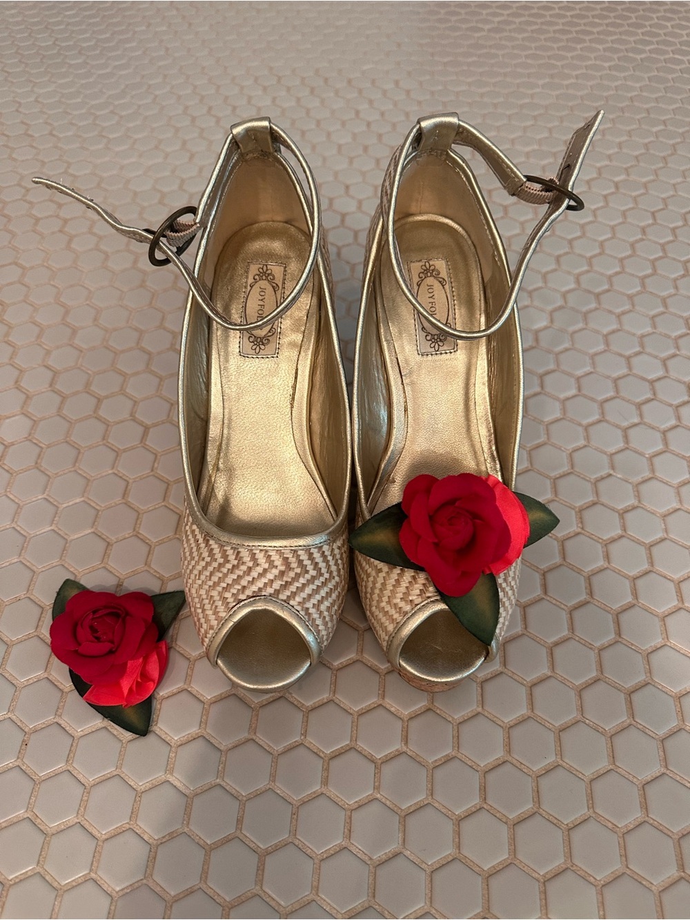Joyfolie Gold Woven Peep-Toe Heels with Red Rose Accent